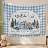 Custom Winter ONEderland Silk Banner with Plaid Backdrop, Woodland Animals, and Truck Design for Baby's First Birthday Party Decoration