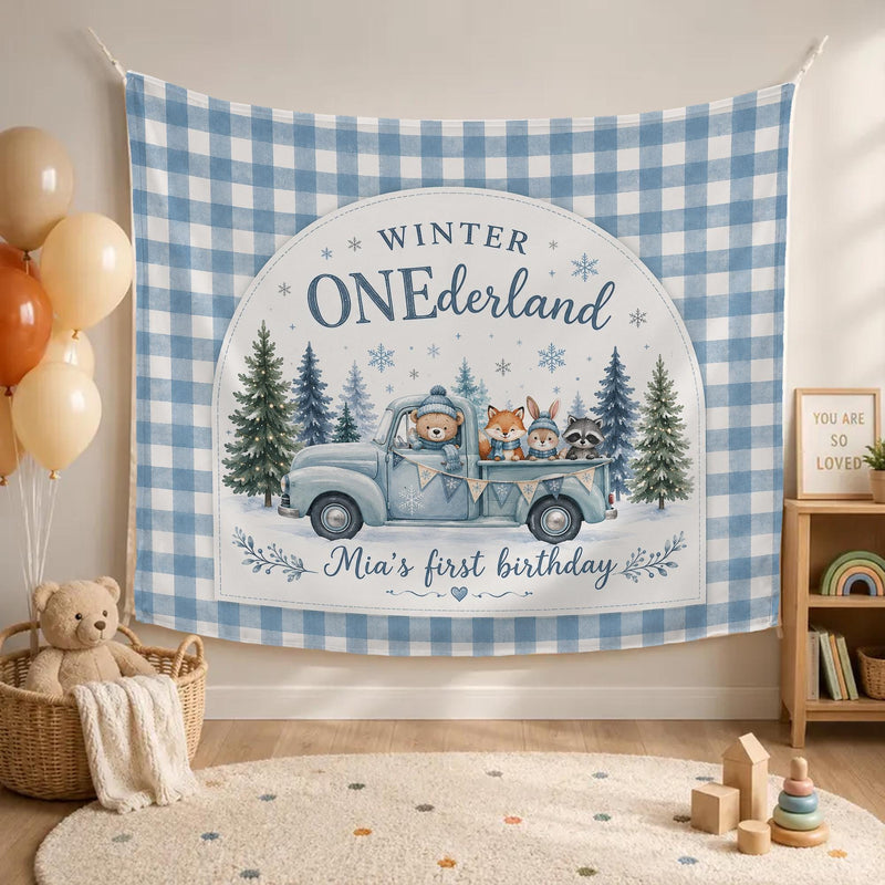Custom Winter ONEderland Silk Banner with Plaid Backdrop, Woodland Animals, and Truck Design for Baby's First Birthday Party Decoration
