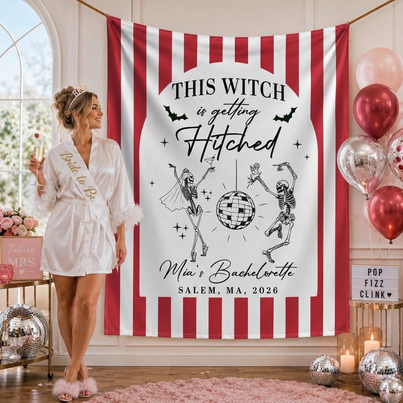 Custom Witchy Halloween Bachelorette Silk Banner with Skeleton Disco Design, Personalized Name & Date for Spooky Party Backdrop