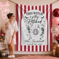 Custom Witchy Halloween Bachelorette Silk Banner with Skeleton Disco Design, Personalized Name & Date for Spooky Party Backdrop