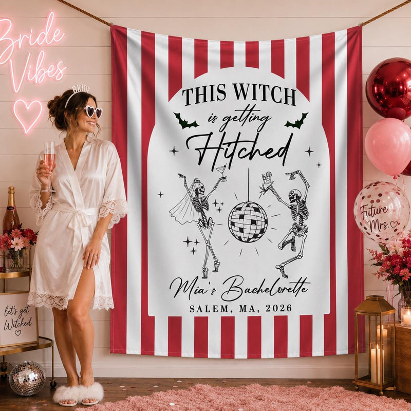 Custom Witchy Halloween Bachelorette Silk Banner with Skeleton Disco Design, Personalized Name & Date for Spooky Party Backdrop