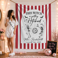 Custom Witchy Halloween Bachelorette Silk Banner with Skeleton Disco Design, Personalized Name & Date for Spooky Party Backdrop