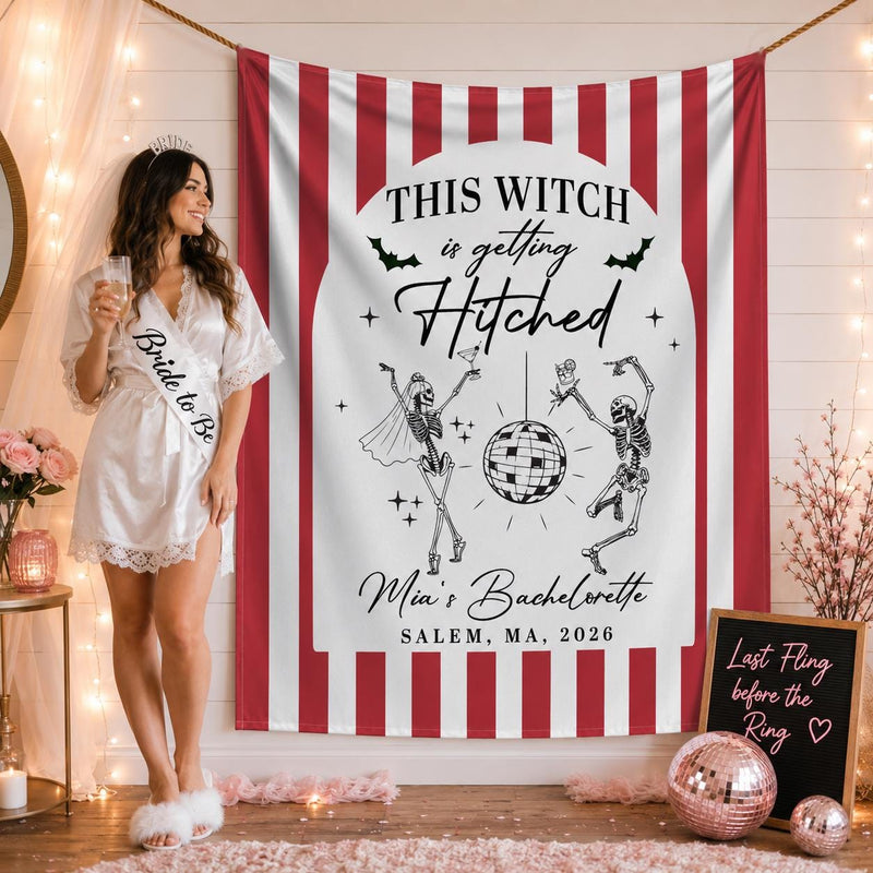 Custom Witchy Halloween Bachelorette Silk Banner with Skeleton Disco Design, Personalized Name & Date for Spooky Party Backdrop
