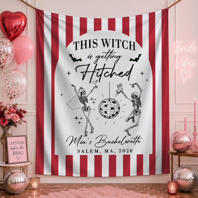Custom Witchy Halloween Bachelorette Silk Banner with Skeleton Disco Design, Personalized Name & Date for Spooky Party Backdrop