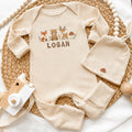 Custom Woodland Animal Baby Boy Bodysuit & Hat Set, Soft Cotton Coming Home Outfit with Fox, Bear, Deer Design, Personalized Name Gift