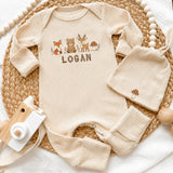 Custom Woodland Animal Baby Boy Bodysuit & Hat Set, Soft Cotton Coming Home Outfit with Fox, Bear, Deer Design, Personalized Name Gift