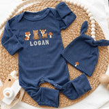 Custom Woodland Animal Baby Boy Bodysuit & Hat Set, Soft Cotton Coming Home Outfit with Fox, Bear, Deer Design, Personalized Name Gift