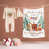Custom Woodland Baby Shower Silk Banner with Animal Design, Adventure Awaits Quote, Personalized Name & Date for Baby Gift