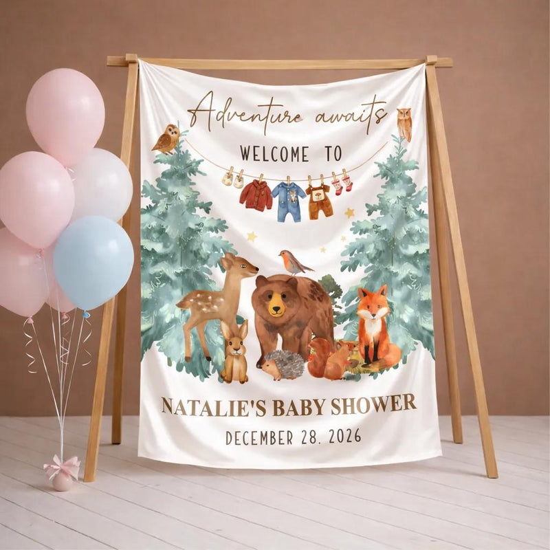 Custom Woodland Baby Shower Silk Banner with Animal Design, Adventure Awaits Quote, Personalized Name & Date for Baby Gift