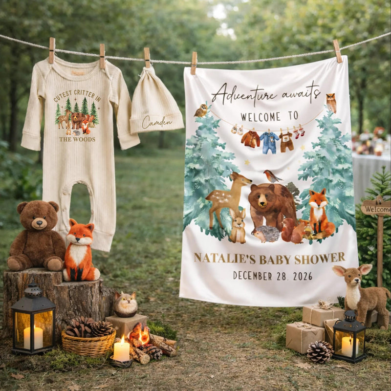 Custom Woodland Baby Shower Silk Banner with Animal Design, Adventure Awaits Quote, Personalized Name & Date for Baby Gift