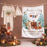Custom Woodland Baby Shower Silk Banner with Animal Design, Adventure Awaits Quote, Personalized Name & Date for Baby Gift