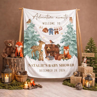 Custom Woodland Baby Shower Silk Banner with Animal Design, Adventure Awaits Quote, Personalized Name & Date for Baby Gift
