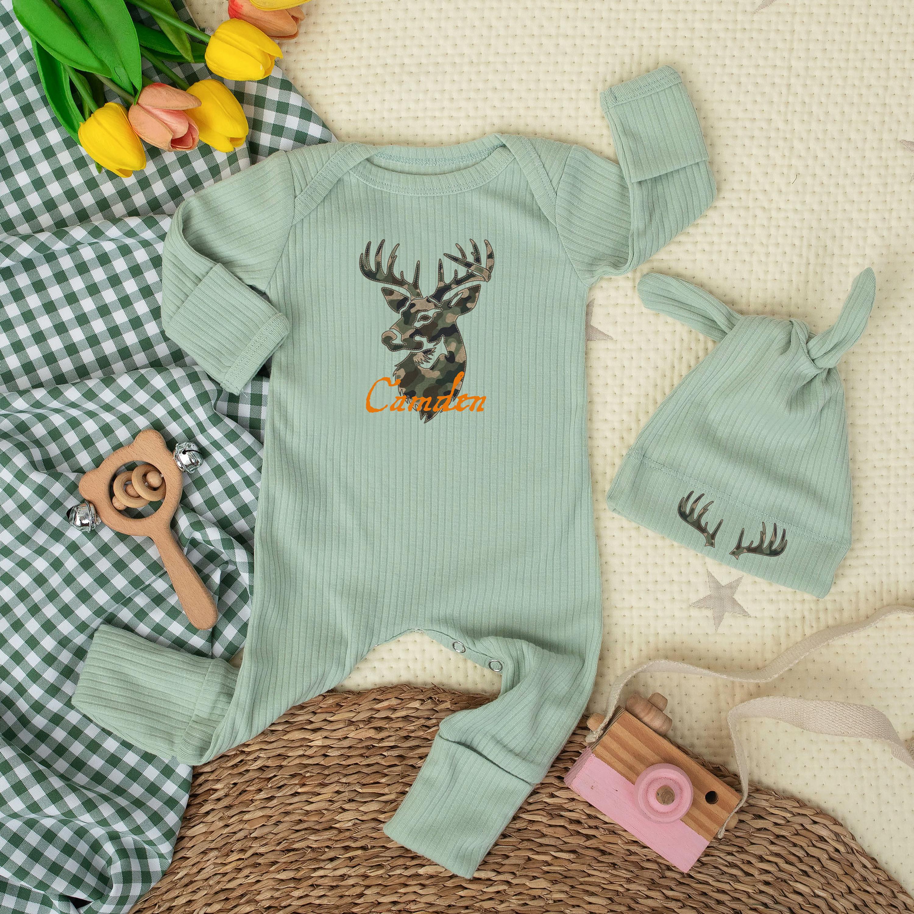 Custom Woodland Deer Baby Bodysuit with Name, Soft Cotton Newborn Outfit, Rustic Green Coming Home Set, Baby Shower Gift for Boys
