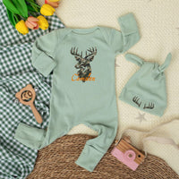 Custom Woodland Deer Baby Bodysuit with Name, Soft Cotton Newborn Outfit, Rustic Green Coming Home Set, Baby Shower Gift for Boys
