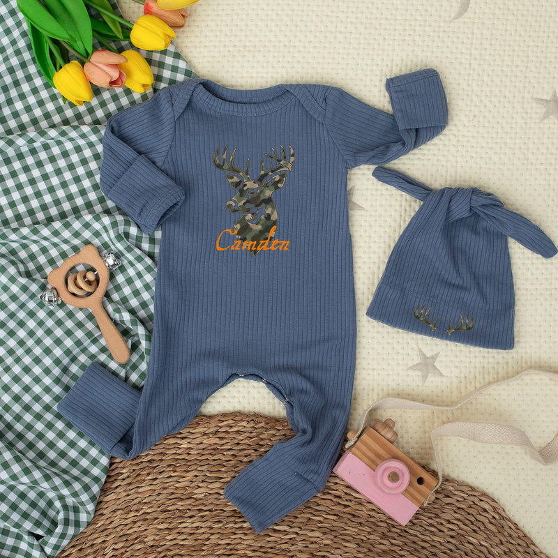 Custom Woodland Deer Baby Bodysuit with Name, Soft Cotton Newborn Outfit, Rustic Green Coming Home Set, Baby Shower Gift for Boys