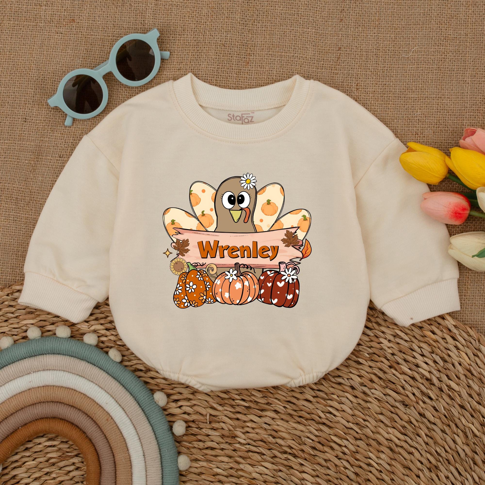 Custom Wrenley Turkey Romper Baby Girl Thanksgiving Outfit Colorful Feathers Pumpkin Patterns Fall First Holiday Soft Cotton Clothes