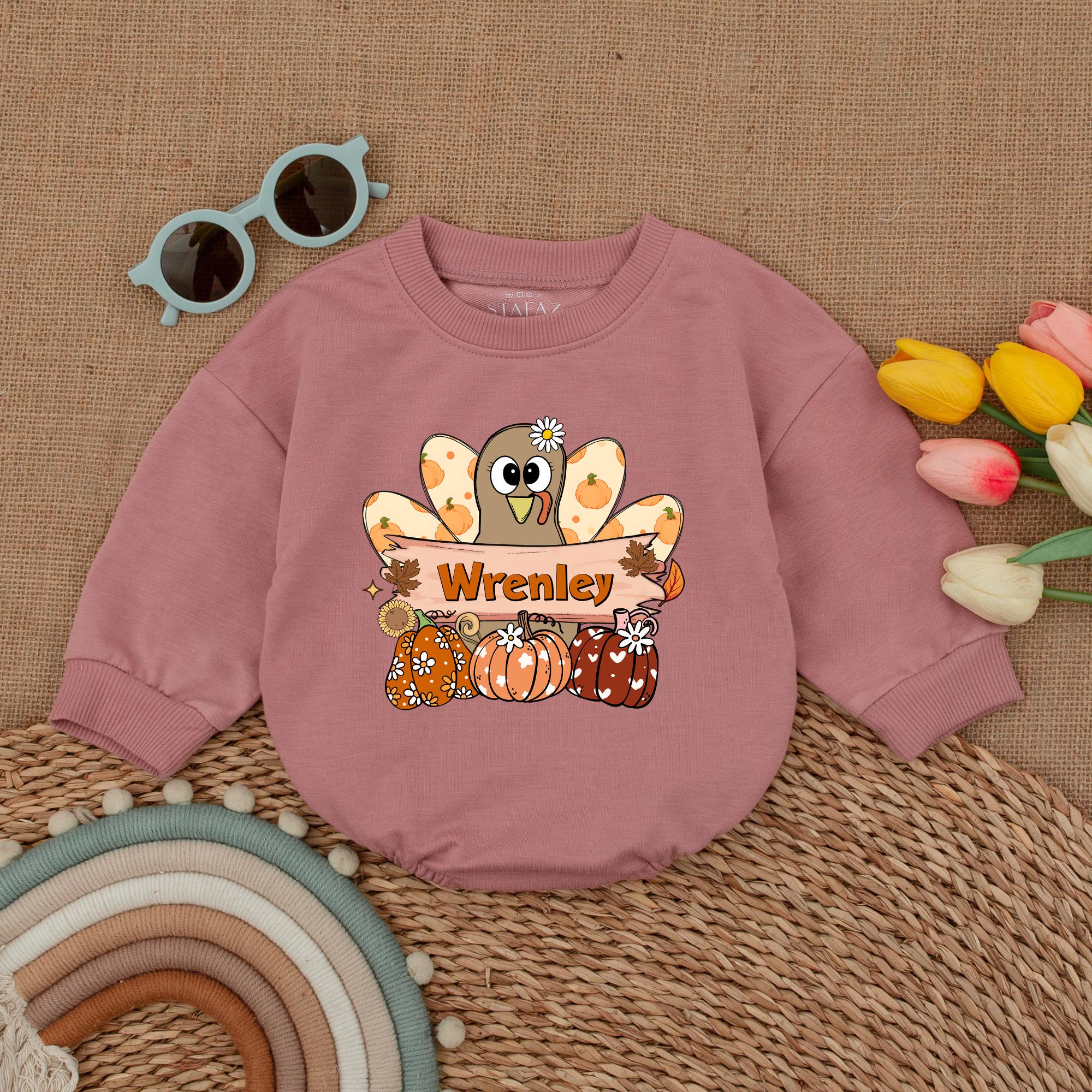 Custom Wrenley Turkey Romper Baby Girl Thanksgiving Outfit Colorful Feathers Pumpkin Patterns Fall First Holiday Soft Cotton Clothes