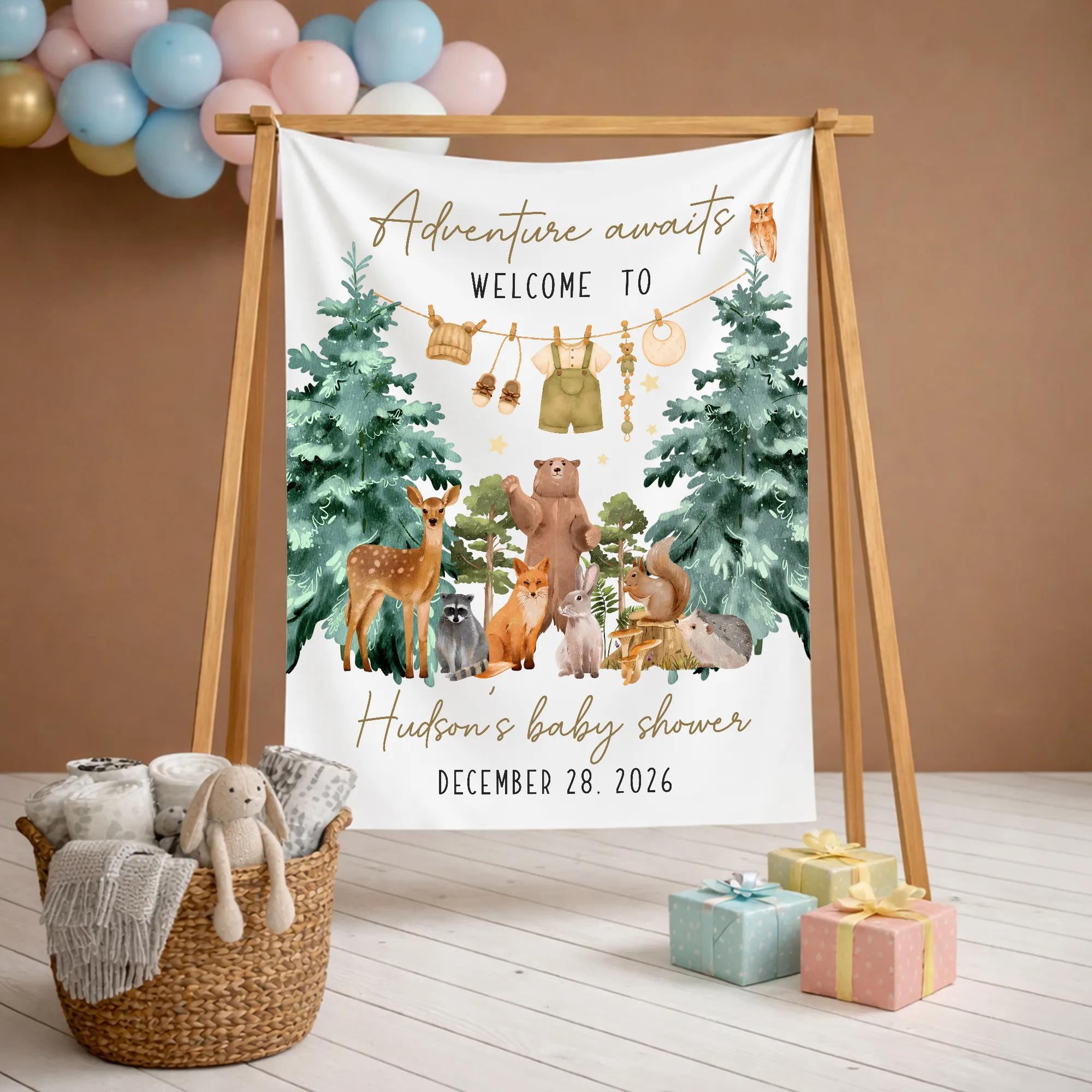 Customized Adventure Awaits Woodland Baby Shower Silk Banner with Forest Animals and Baby Clothesline Décor for Hudson's Special Day