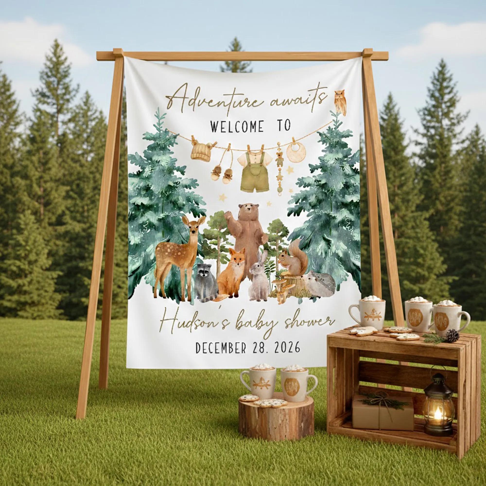 Customized Adventure Awaits Woodland Baby Shower Silk Banner with Forest Animals and Baby Clothesline Décor for Hudson's Special Day
