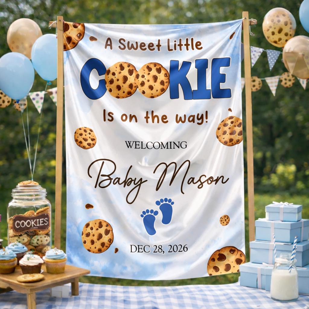 Customized Baby Boy Cookie Shower Welcome Sign, Blue Watercolor Sky Decor with Chocolate Chip Cookies, Party Date and Baby Name Personalization