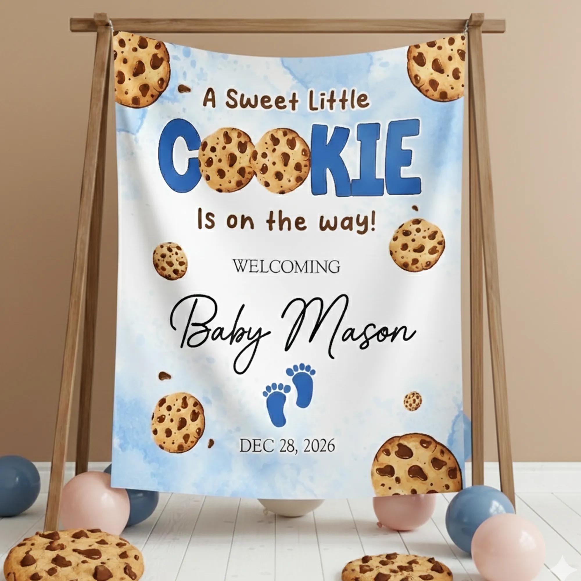 Customized Baby Boy Cookie Shower Welcome Sign, Blue Watercolor Sky Decor with Chocolate Chip Cookies, Party Date and Baby Name Personalization