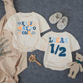 Customized Baby Boy Half Birthday Bubble Romper, Retro Half Way To One Outfit with Name, 1970s-Inspired Party Design Navy and Orange