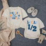 Customized Baby Boy Half Birthday Bubble Romper, Retro Half Way To One Outfit with Name, 1970s-Inspired Party Design Navy and Orange