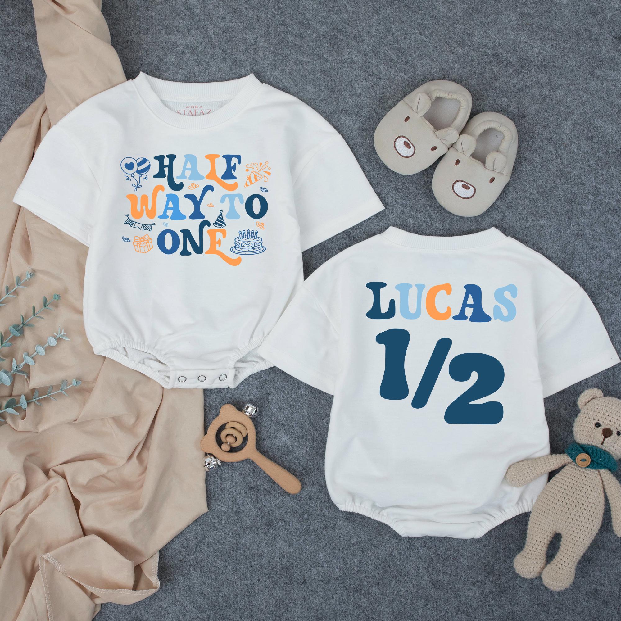 Customized Baby Boy Half Birthday Bubble Romper, Retro Half Way To One Outfit with Name, 1970s-Inspired Party Design Navy and Orange