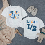 Customized Baby Boy Half Birthday Bubble Romper, Retro Half Way To One Outfit with Name, 1970s-Inspired Party Design Navy and Orange