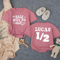 Customized Baby Boy Half Birthday Bubble Romper, Retro Half Way To One Outfit with Name, 1970s-Inspired Party Design Navy and Orange