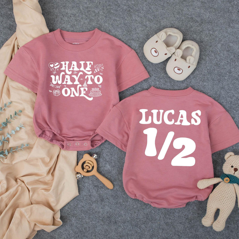 Customized Baby Boy Half Birthday Bubble Romper, Retro Half Way To One Outfit with Name, 1970s-Inspired Party Design Navy and Orange
