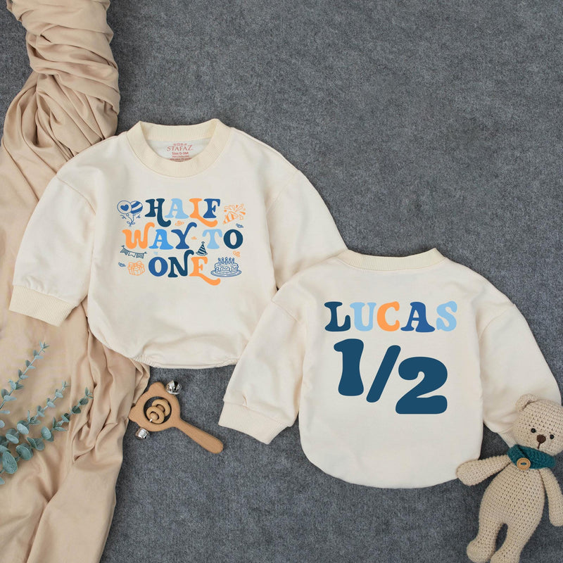Customized Baby Boy Half Birthday Bubble Romper, Retro Half Way To One Outfit with Name, 1970s-Inspired Party Design Navy and Orange