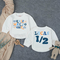 Customized Baby Boy Half Birthday Bubble Romper, Retro Half Way To One Outfit with Name, 1970s-Inspired Party Design Navy and Orange
