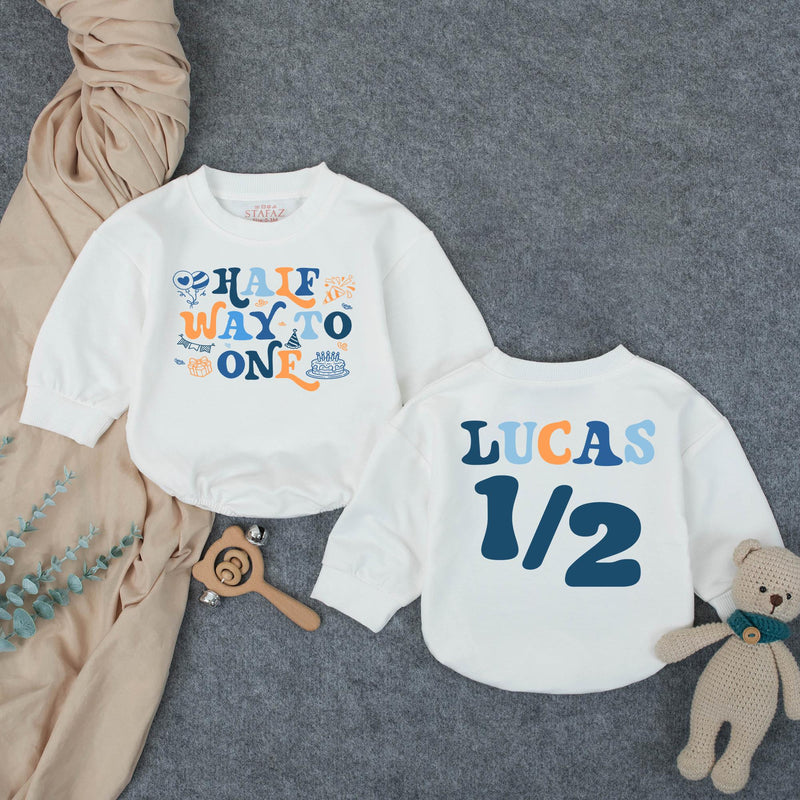Customized Baby Boy Half Birthday Bubble Romper, Retro Half Way To One Outfit with Name, 1970s-Inspired Party Design Navy and Orange