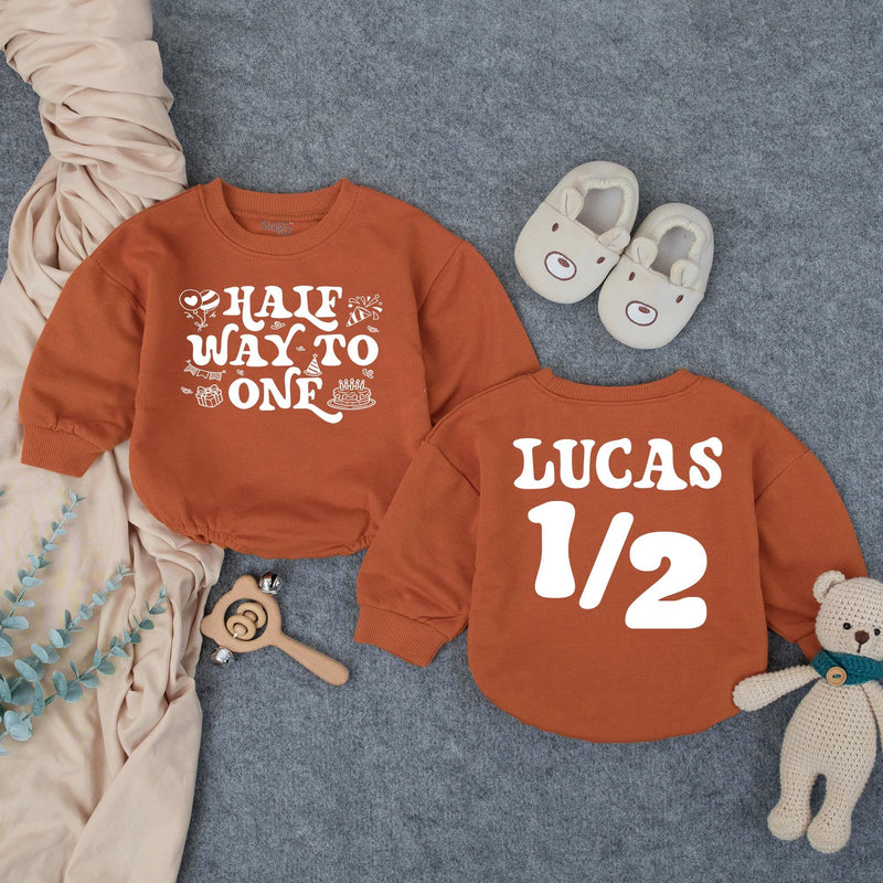 Customized Baby Boy Half Birthday Bubble Romper, Retro Half Way To One Outfit with Name, 1970s-Inspired Party Design Navy and Orange