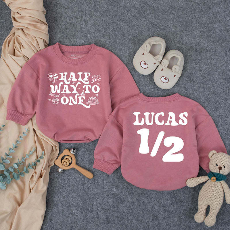 Customized Baby Boy Half Birthday Bubble Romper, Retro Half Way To One Outfit with Name, 1970s-Inspired Party Design Navy and Orange