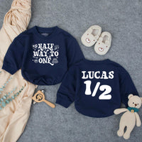Customized Baby Boy Half Birthday Bubble Romper, Retro Half Way To One Outfit with Name, 1970s-Inspired Party Design Navy and Orange