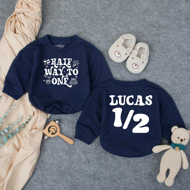 Customized Baby Boy Half Birthday Bubble Romper, Retro Half Way To One Outfit with Name, 1970s-Inspired Party Design Navy and Orange
