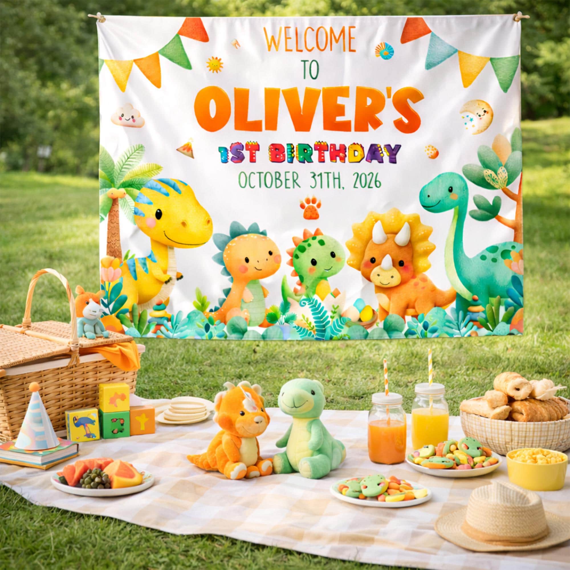 Customized Dinosaur 1st Birthday Silk Banner for Baby Boy Party, Whimsical Dino Backdrop with Colorful Artwork on White Background