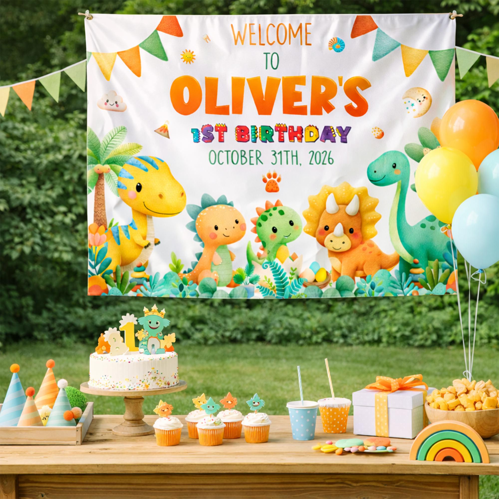 Customized Dinosaur 1st Birthday Silk Banner for Baby Boy Party, Whimsical Dino Backdrop with Colorful Artwork on White Background