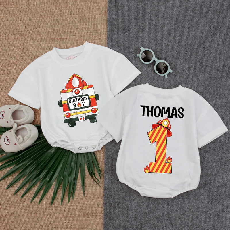 Customized Firefighter 1st Birthday Baby Romper with Name Design Red Fire Truck Toddler Outfit Comfortable Party Gift Boy Celebration