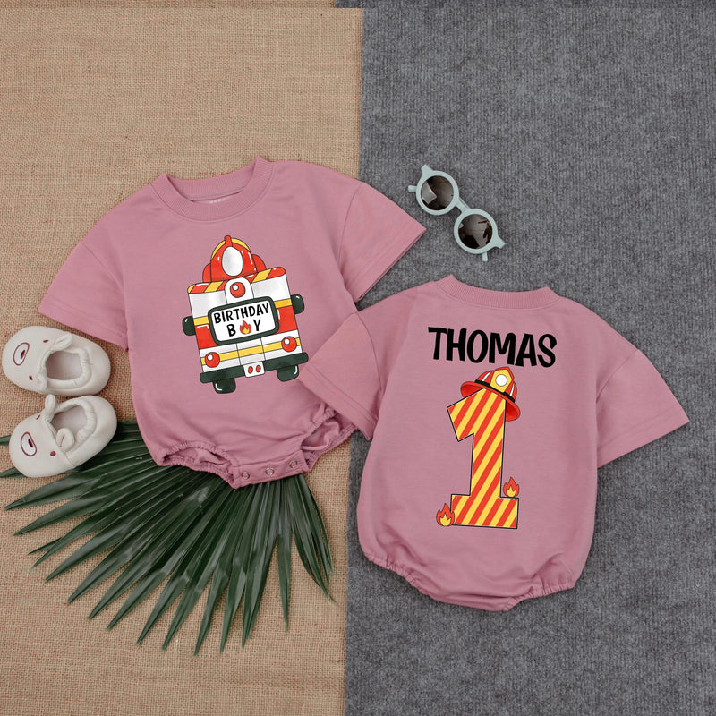 Customized Firefighter 1st Birthday Baby Romper with Name Design Red Fire Truck Toddler Outfit Comfortable Party Gift Boy Celebration