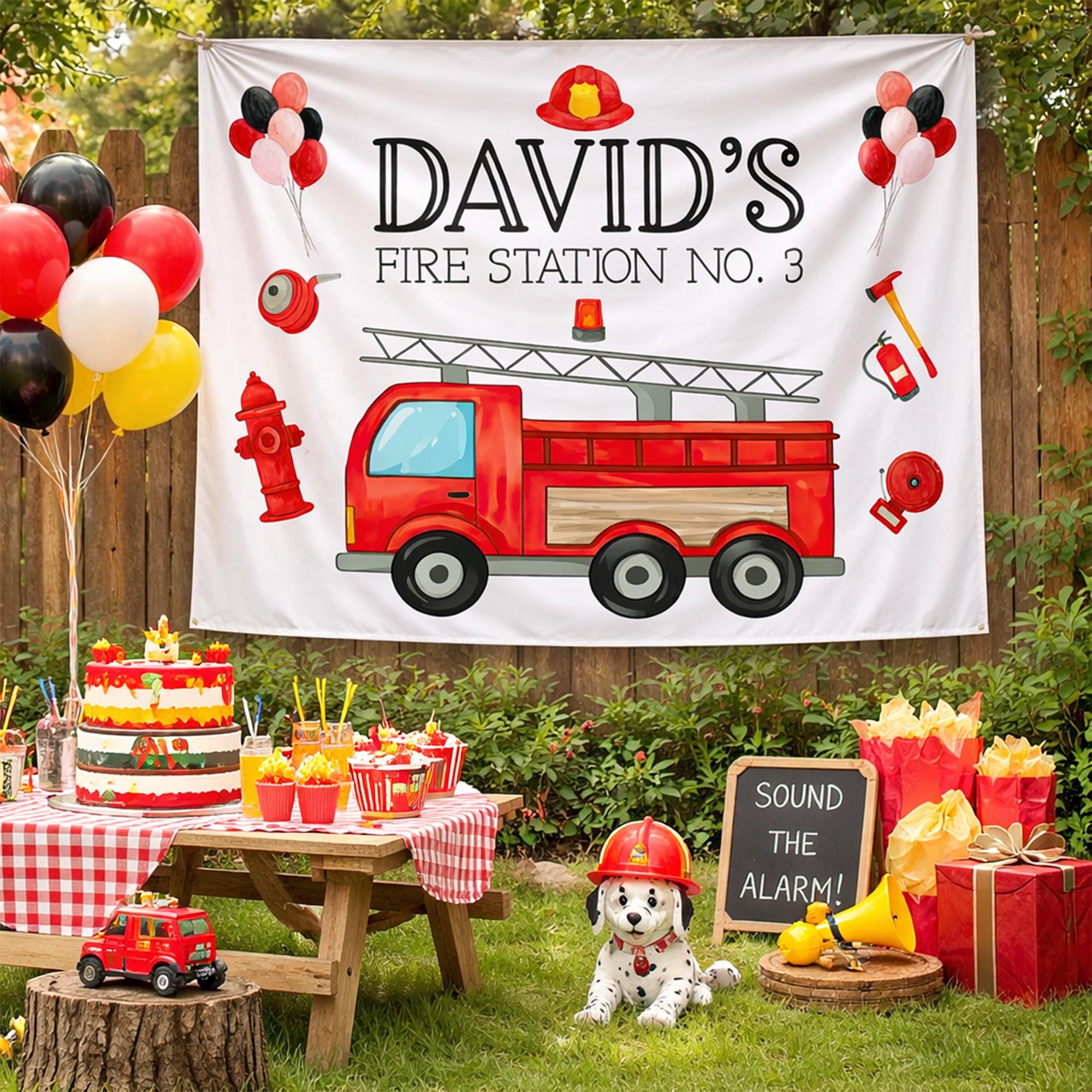 Customized Firetruck Birthday Banner with Red Truck Design for 3rd Birthday Party, Fire Station No 3 Backdrop for Boys, Personalized Decor