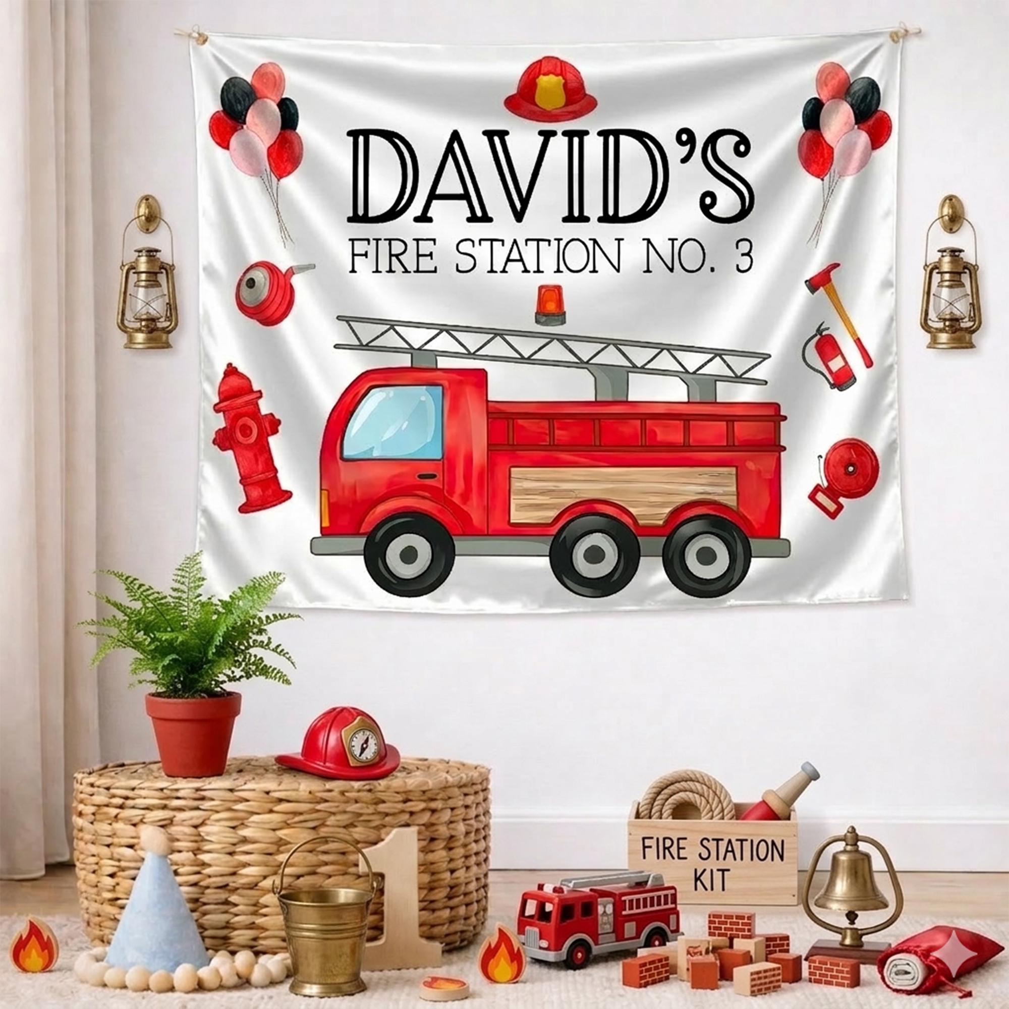 Customized Firetruck Birthday Banner with Red Truck Design for 3rd Birthday Party, Fire Station No 3 Backdrop for Boys, Personalized Decor