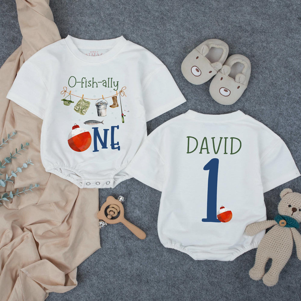Customized O-Fish-Ally One 1st Birthday Baby Outfit with Fishing Theme, Cake Smash Bubble Romper Personalized Name Cotton Comfortable Gift
