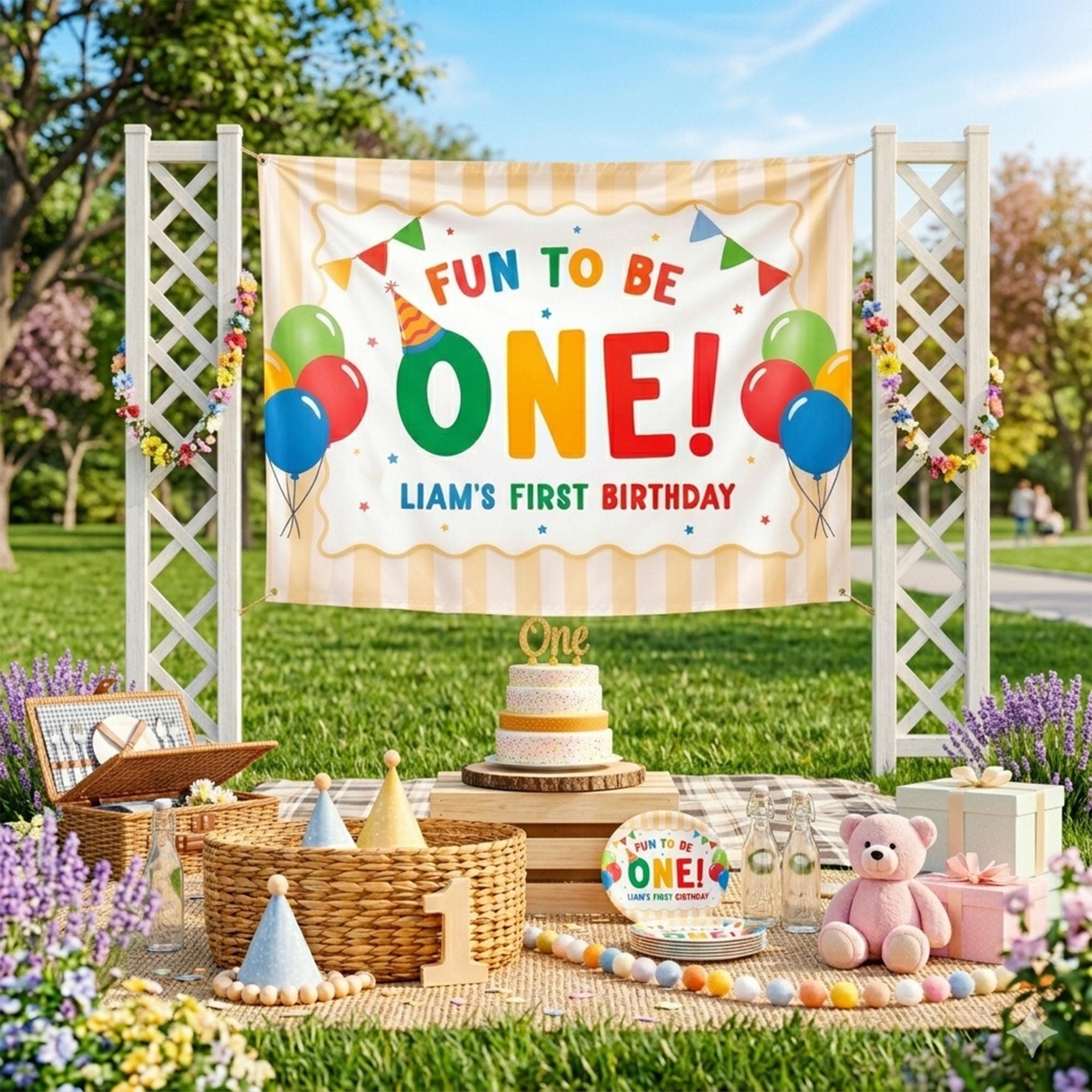 Customized Fun to Be One 1st Birthday Silk Banner, Personalized Party Backdrop Decoration for Baby or Toddler Celebration, Keepsake Gift