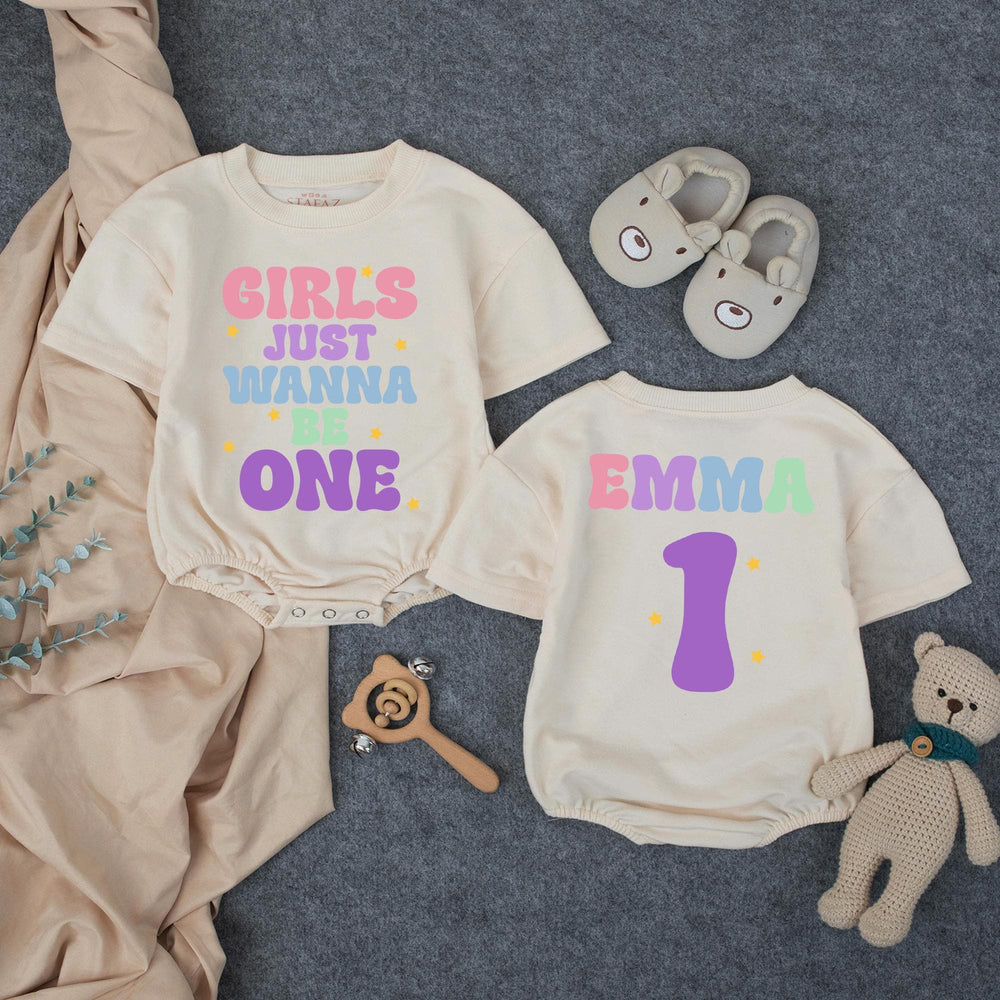 Customized Girls Just Wanna Be One Birthday Outfit with Retro Pastel Design, Custom Name Baby Girl Romper for 1st Birthday Celebration