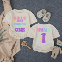 Customized Girls Just Wanna Be One Birthday Outfit with Retro Pastel Design, Custom Name Baby Girl Romper for 1st Birthday Celebration