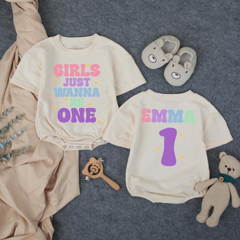 Customized Girls Just Wanna Be One Birthday Outfit with Retro Pastel Design, Custom Name Baby Girl Romper for 1st Birthday Celebration