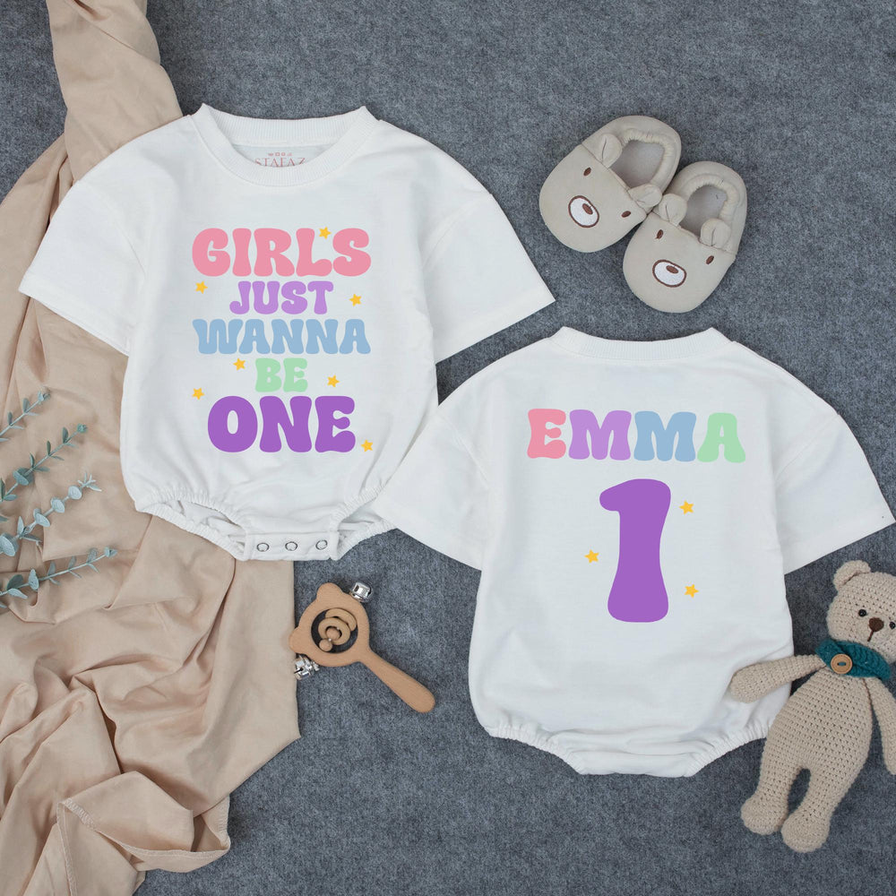 Customized Girls Just Wanna Be One Birthday Outfit with Retro Pastel Design, Custom Name Baby Girl Romper for 1st Birthday Celebration